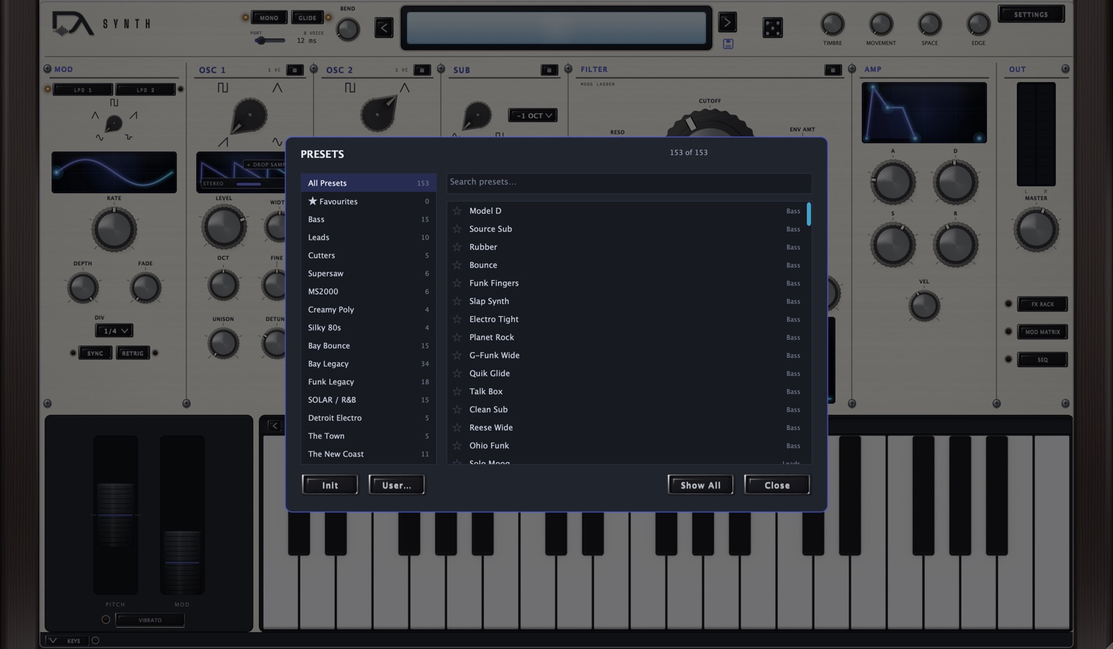 The preset browser open over the panel, with the collection list down the left, patch names in the middle, and a search field at the top.