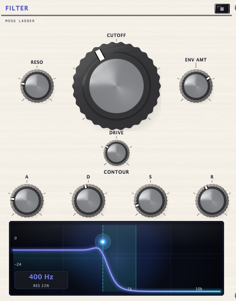 The filter section at twice size: cutoff, resonance, envelope amount, drive and contour knobs above a live response curve reading 400 Hz.