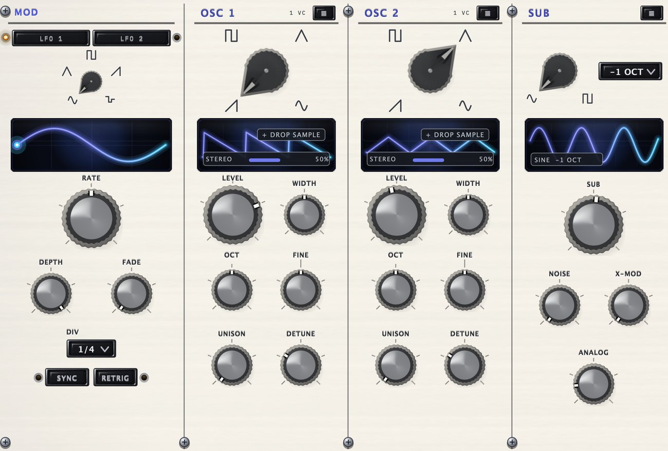 The left half of the panel: the MOD section with two LFOs, then OSC 1, OSC 2 and SUB, each with a waveform knob, a small display, and level, width, octave, fine, unison and detune knobs. The ANALOG knob is at the bottom of SUB.