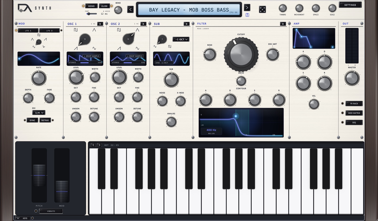 The DeAnalog Synth panel: a cream faceplate in a wood case, with modulation, two oscillators, sub, filter and amp sections above a three-octave keyboard. The display reads Bay Legacy – Mob Boss Bass.