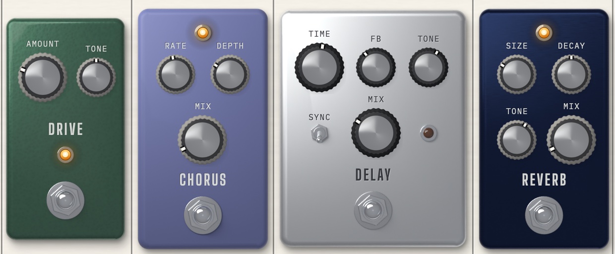 The four effect pedals at twice size: drive in green, chorus in lavender, delay in brushed aluminium and reverb in navy, each with its own knobs and footswitch.