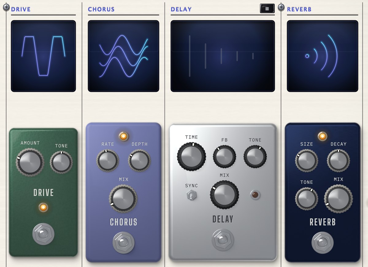 The effects rack open: four pedals side by side, drive in green, chorus in lavender, delay in brushed aluminium and reverb in navy, each with a small display, its knobs and a footswitch.