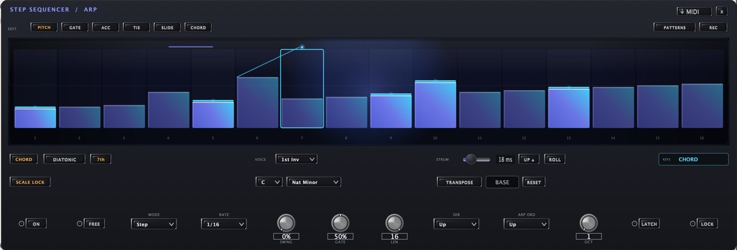 The step sequencer open over the panel: sixteen step columns with edit tabs for pitch, gate, accent, tie, slide and chord, then chord, diatonic, scale lock, strum, swing, gate length, direction and arp order controls.