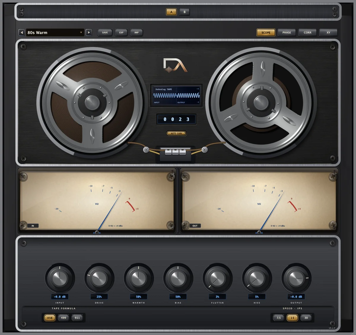 The DeAnalog Tape panel: two reels turning above a VU meter and a row of knobs.