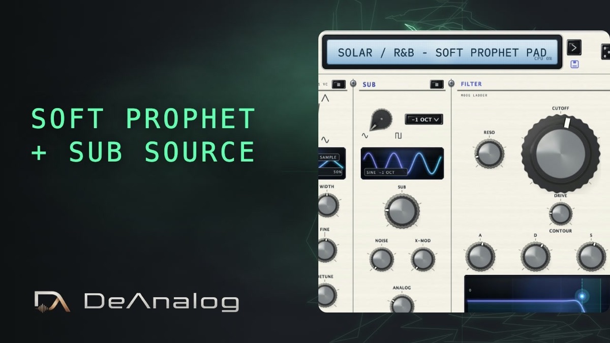 The DeAnalog Synth panel with the patch display reading SOLAR / R&B &ndash; SOFT PROPHET PAD, beside the sub oscillator and the ladder filter's cutoff knob.