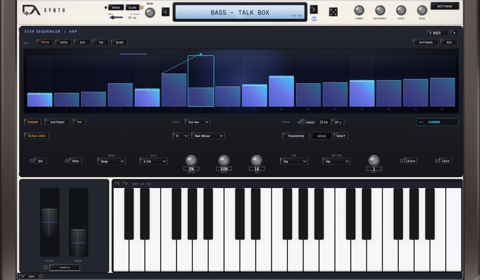 The SEQ page: sixteen steps, the chord and scale row, and the transport controls along the bottom.