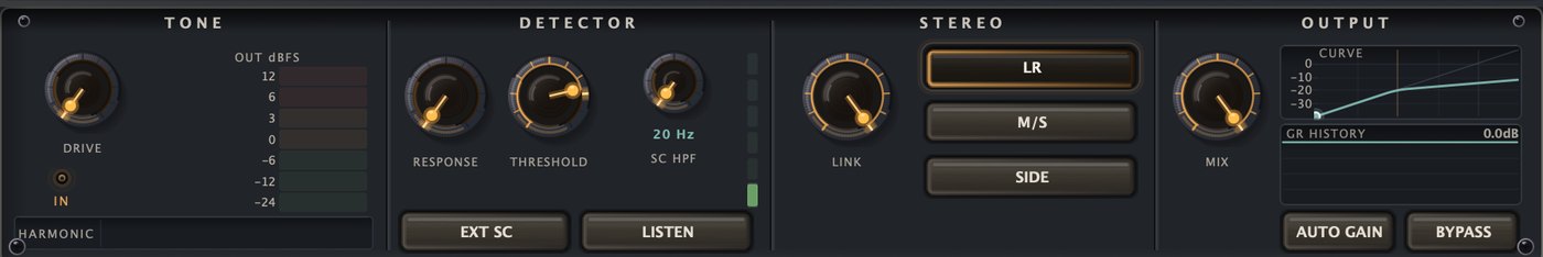 The utility shelf: TONE, DETECTOR, STEREO and OUTPUT bays.